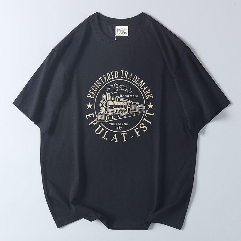 Vintage Locomotive Print Short-Sleeve T-Shirt for Summer, Men's Export Surplus Casual Round-Neck Base Shirt