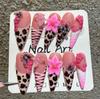 10Pcs Leopard Print Long Stiletto False Nails Full Cover Butterfly Flower Decor Press On Nails