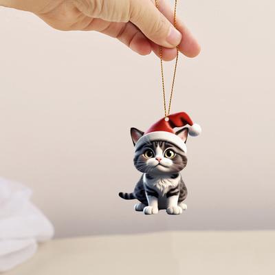 Christmas Cat Pendant Acrylic Santa Hat Cartoon Cat Hanging Decoration Key Ring Kitten Pendant Christmas Tree Decor Gift for Cat Lovers