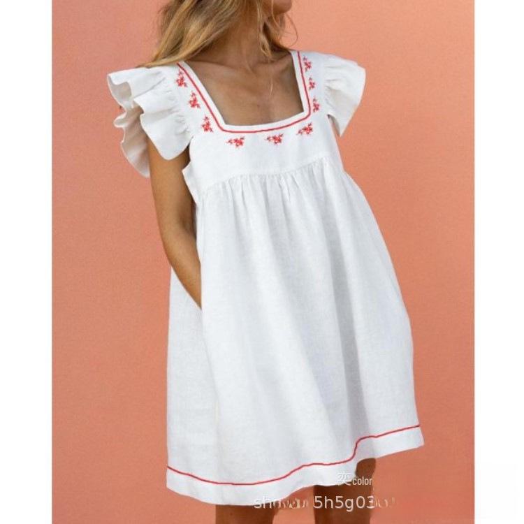 2023 Summer Floral Print Square Neck Ruffle Sleeve Swing Dress