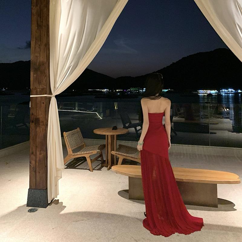 French Port Retro Temperament Red Tube Top Dress Skirt Women's Christmas Wear Temperament Mesh Dinner Party Annual Meeting Dress