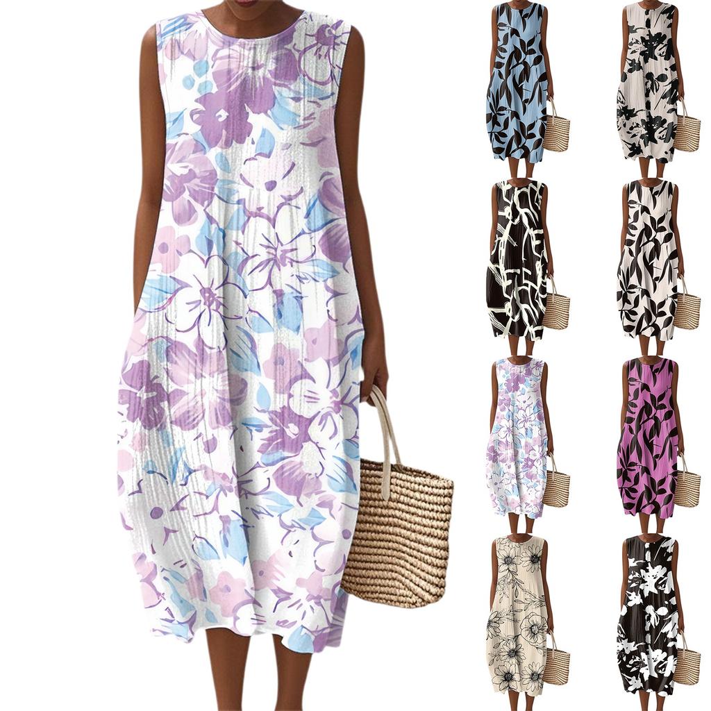 Women's Fashion Casual Sleeveless Round Neck Floral Elegant Temperament Dress