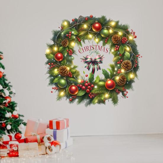 Christmas Ball Wreath Bow Wall Decals Removable PVC Stickers for Living Room Bedroom Self-Adhesive Holiday Decor