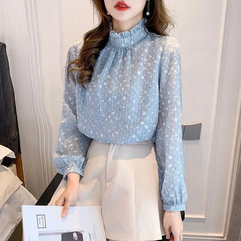 

Осень 2023, элегантная шифоновая рубашка во французском стиле, женские топы, модная блузка с длинными рукавами и принтом, офисная женская свободная одежда 28342 M синий