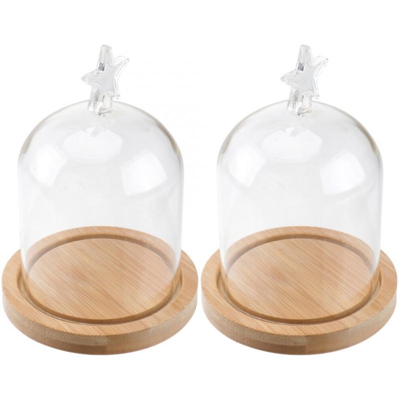 2Stk Trockenblumen-Display-Glasabdeckung, Fünfzackiger Stern, Holzsockel