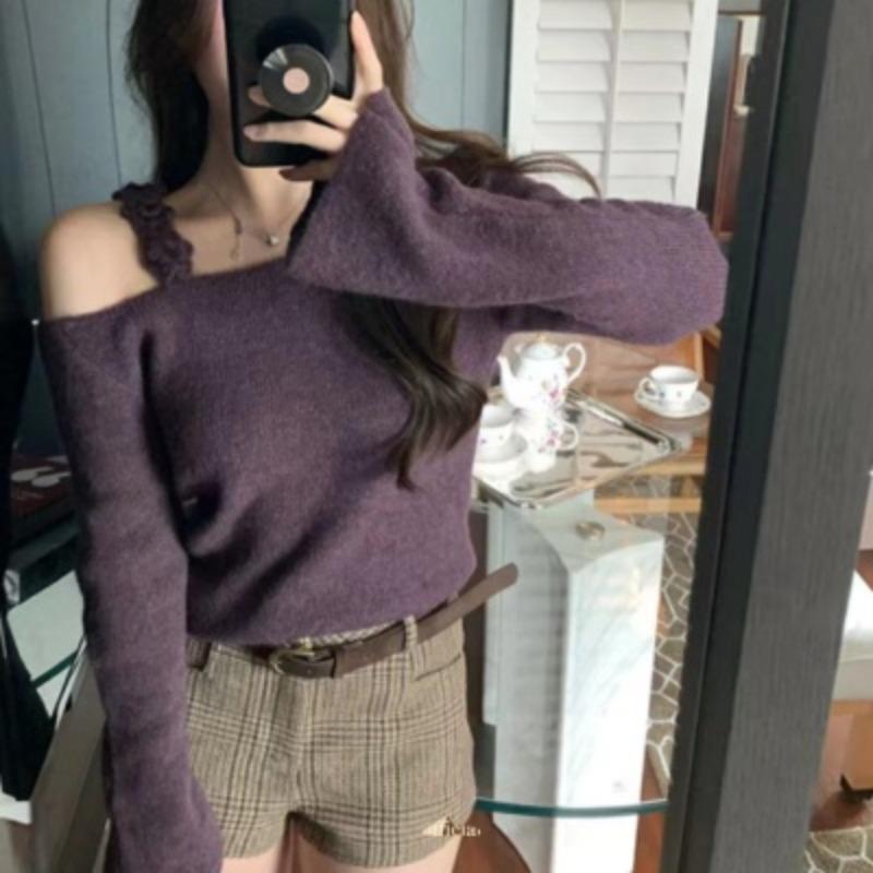 Retro Off Shoulder Pullovers Sweater for Women Autumn Long Sleeve Knitted Sweaters Women Tops Elegant Chic Flower Sling Vintage Winter Knitwear 26052
