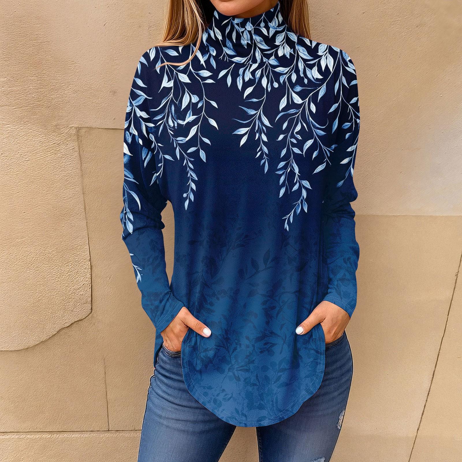 

Футболки для женщин, осенние повседневные рубашки с длинными рукавами, толстовка с винтажным принтом, топ с высоким воротом, пуловер L