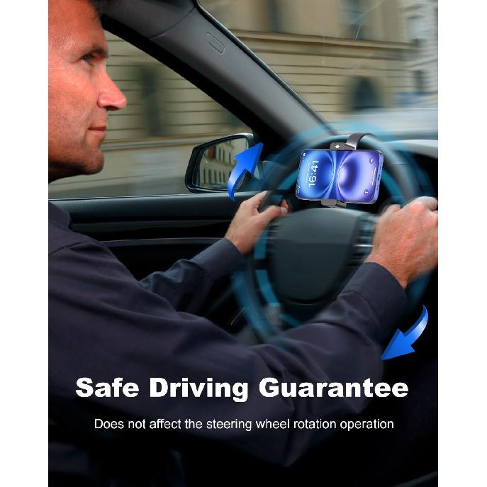 Steering Wheel Phone Holder With Large Metal Clip[Thick Cases Friendly]Adjustable Phone Holders For Your Car, Truck, Tesla, Hands Free Phone Mount