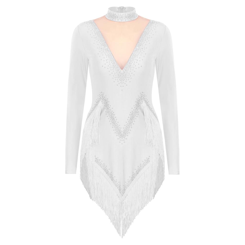 Womens Latin Dance Dress Mock Neck Long Sleeve Irregular Hem Shiny Rhinestones Tassel Performance Costume