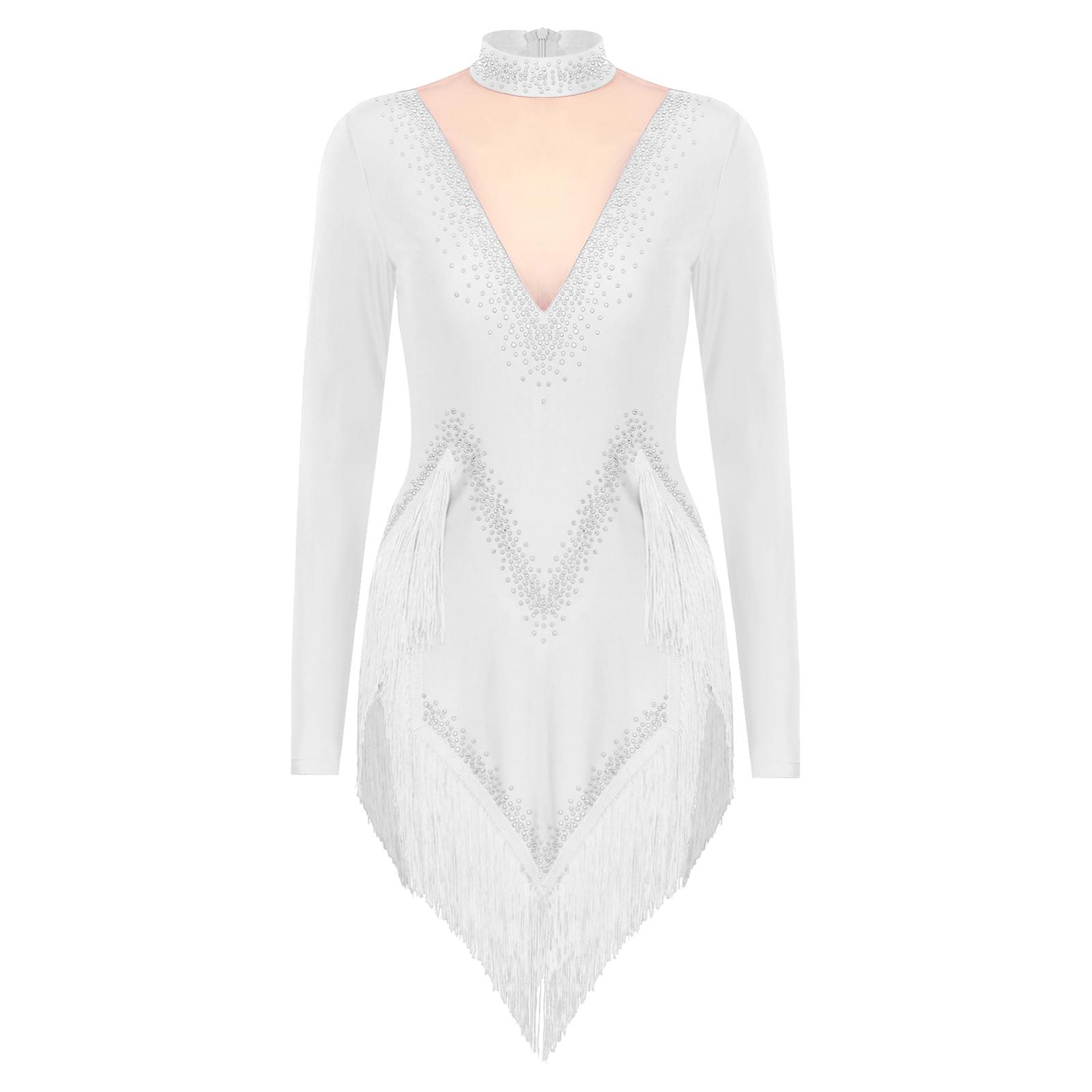 

Womens Latin Dance Dress Mock Neck Long Sleeve Irregular Hem Shiny Rhinestones Tassel Performance Costume S білий