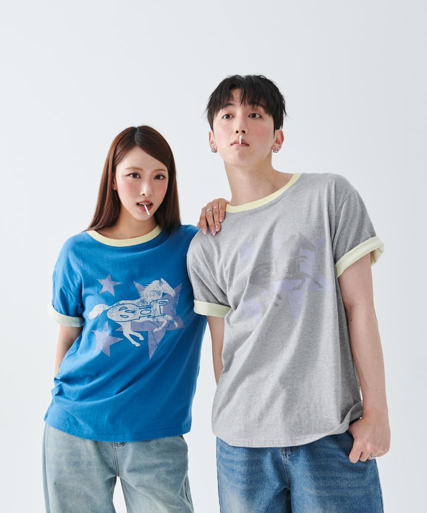 ESCAPEFROM [Escf X Hot Today] Lone Star Horse Roll-Up Point Short Sleeve T-Shirt Gray