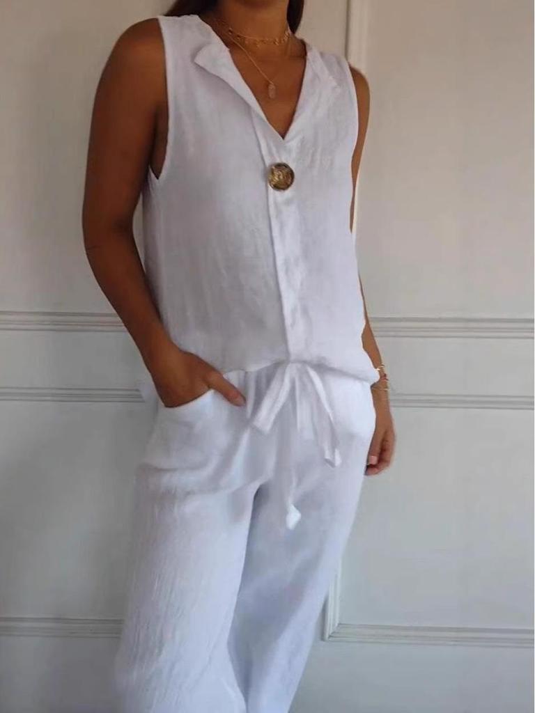 2026 New Women's Cotton Linen Sleeveless Casual Top with Faux Cardigan Collar
