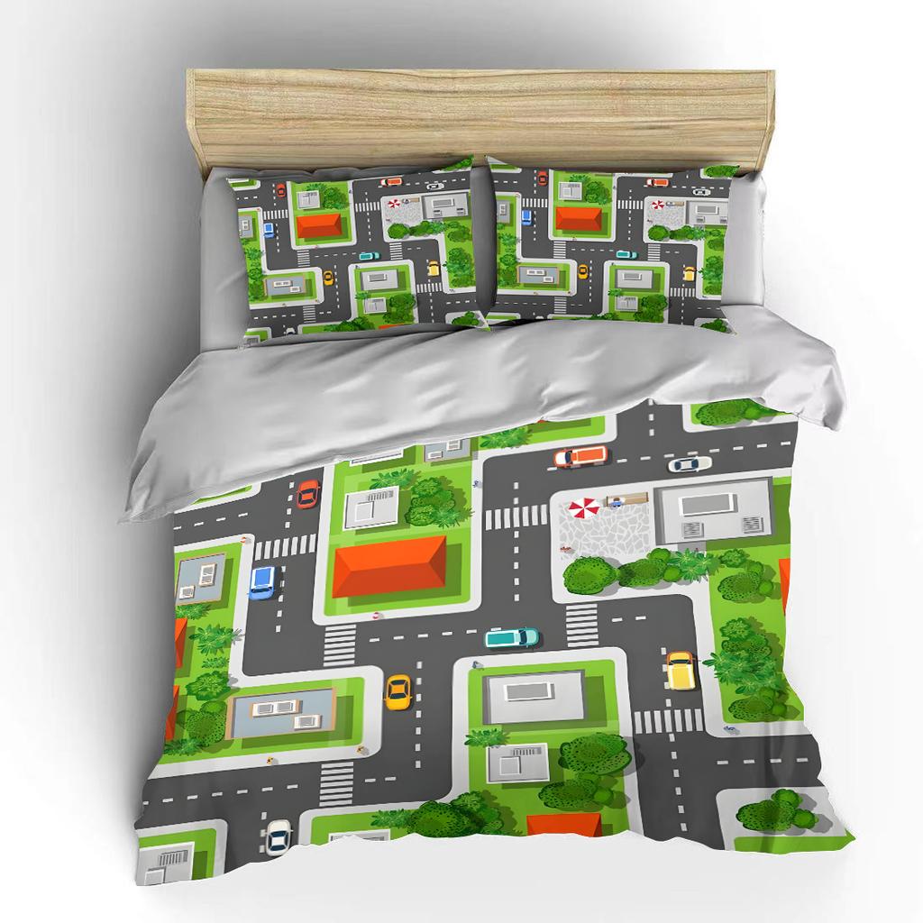 Cartoon City Road House Patterns Bedding Set For Kids Luxury Gift 3Pcs Digital Print Comforter Set Soft Comfortable Breathable