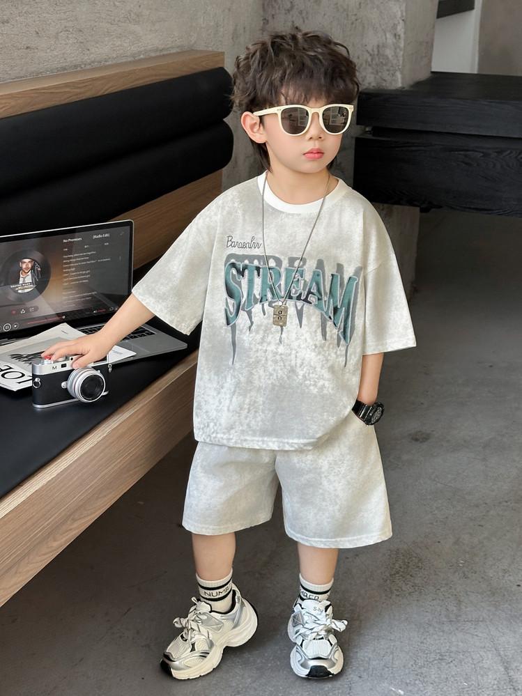 2026 Boys Korean Style Tie-Dye Letter Print Short Sleeve and Shorts Set 120 cm светло-серый