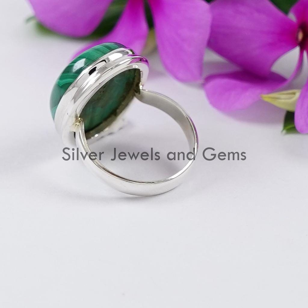 Handmade Oval Malachite Ring, 925 Sterling Silver, Green Gemstone
