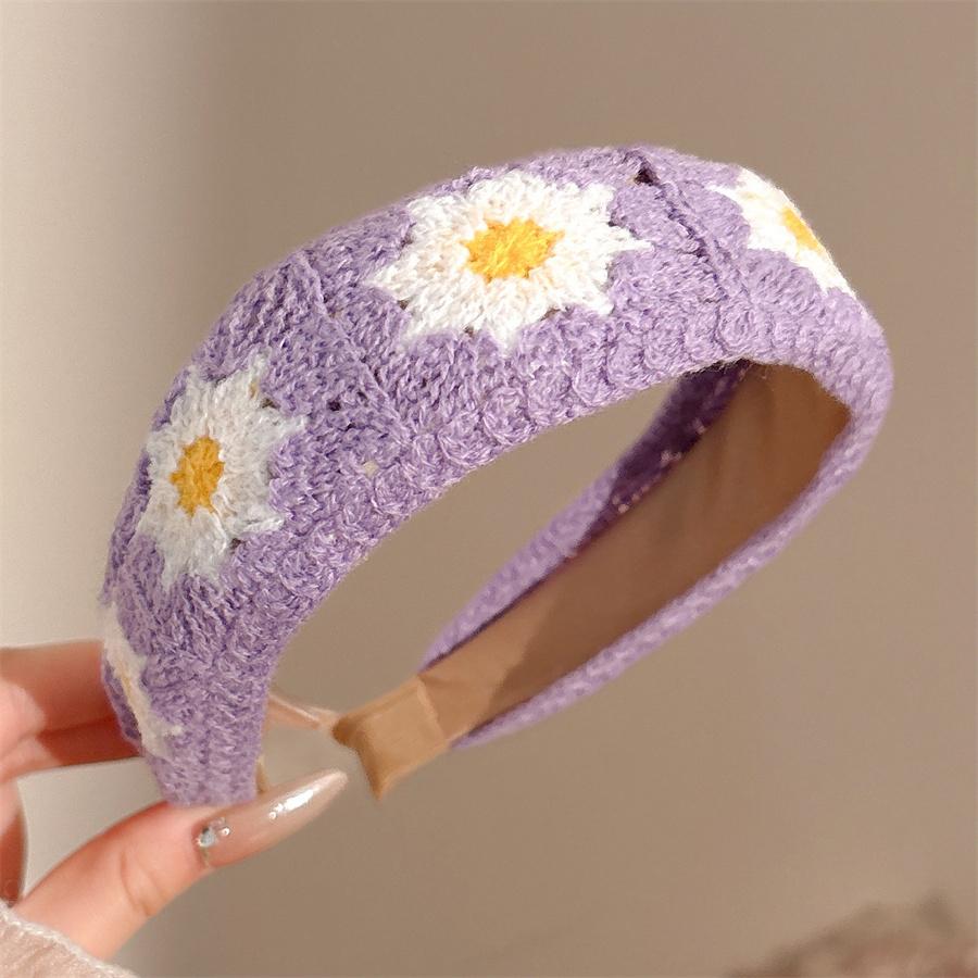 Sweet flower embroidered children's hairbands colorful knitted wool autumn and winter wide headband girls hair accessories