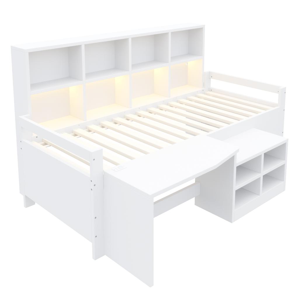 Children's Bed 90×200 Cm, Desk With Storage And Sockets, LED Light Strip And Multi-level Shelves, Single Bed Made Of Solid Wood, Youth Bed, White