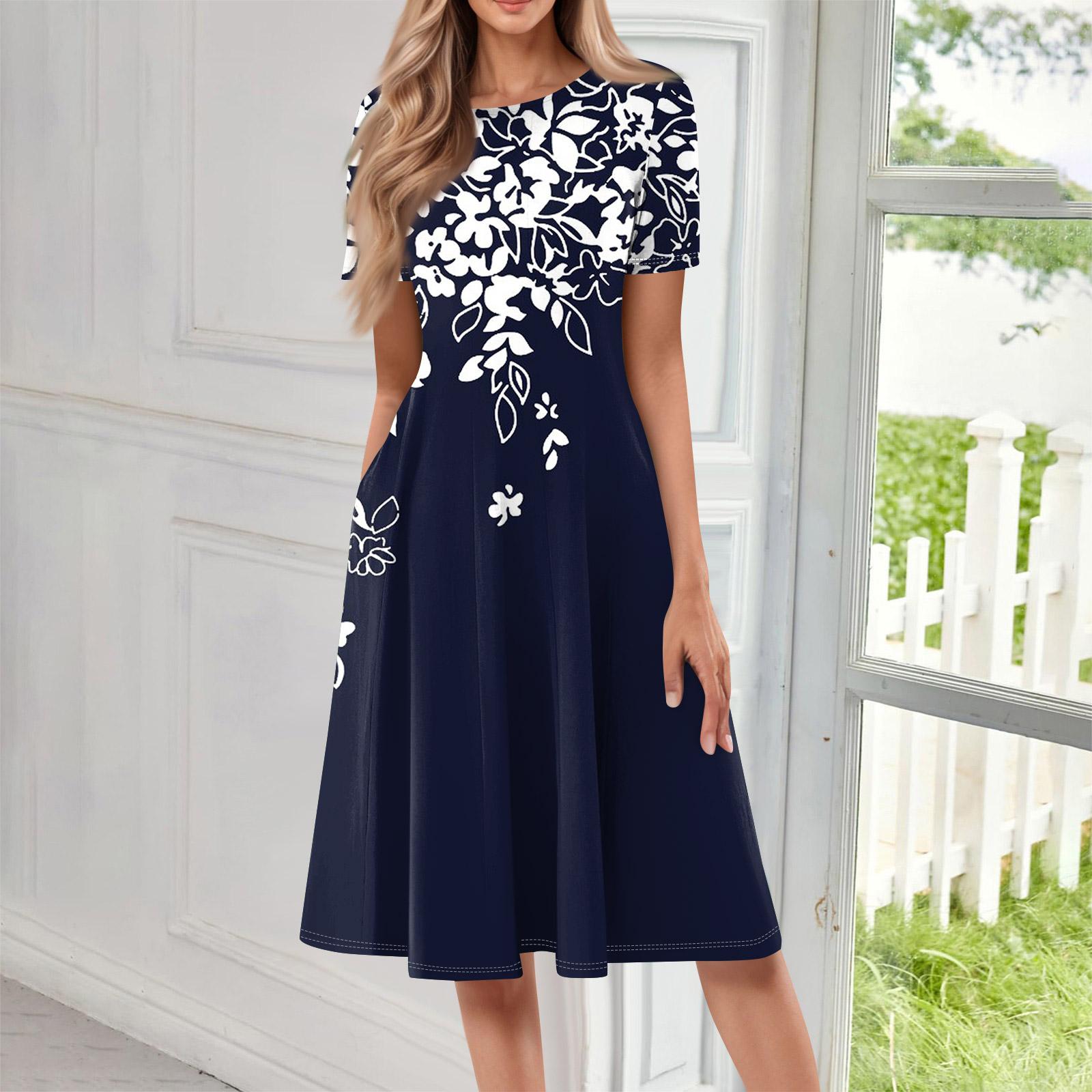 

Жіноча повсякденна сукня з принтом, круглим вирізом, довга XXL Темно-синій