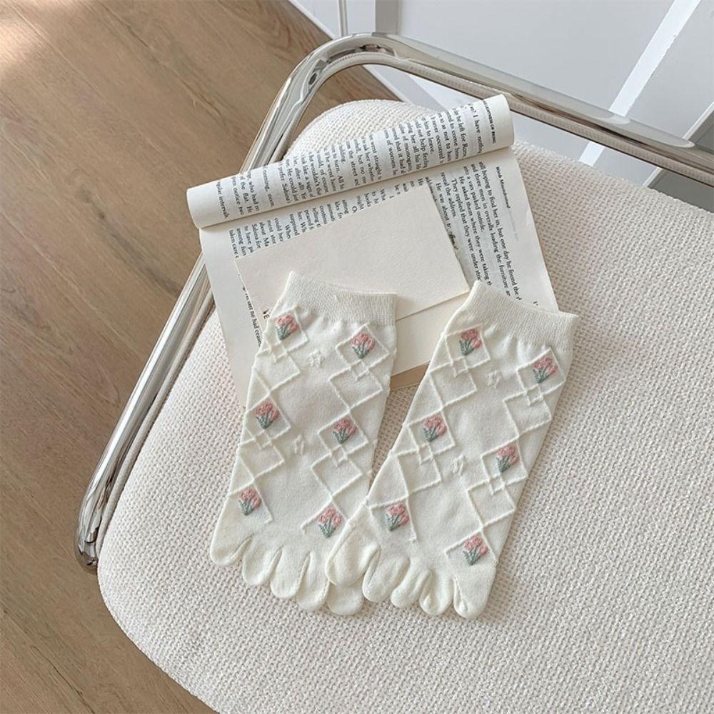 2Pairs Flower Bow Cotton Toe Socks Heart Boat Tube Socks Women Fashion Toe Separated Socks Daily