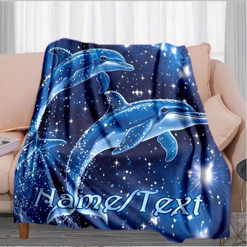 1PC Custom Name Dolphins Starry Night flannel blanket versatile,all-season throw suitable for the living room,bedroom,camping,travel,and gift