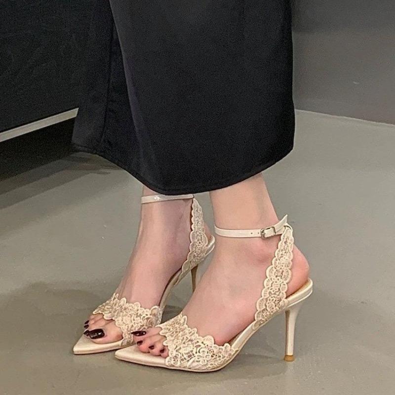 

2026 Trendy Hollow-out High Heels Women Versatile Lace Decor Sandals Height Sexy Dress Shoes Elegant Social Footwear 35 бежевий