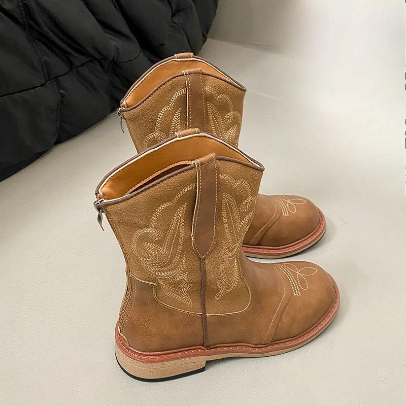 Fashion Women's Embroidered Booties Autumn New Round Toe Rear Zipper Non-Slip Wear-Resistant Block Heel Boots