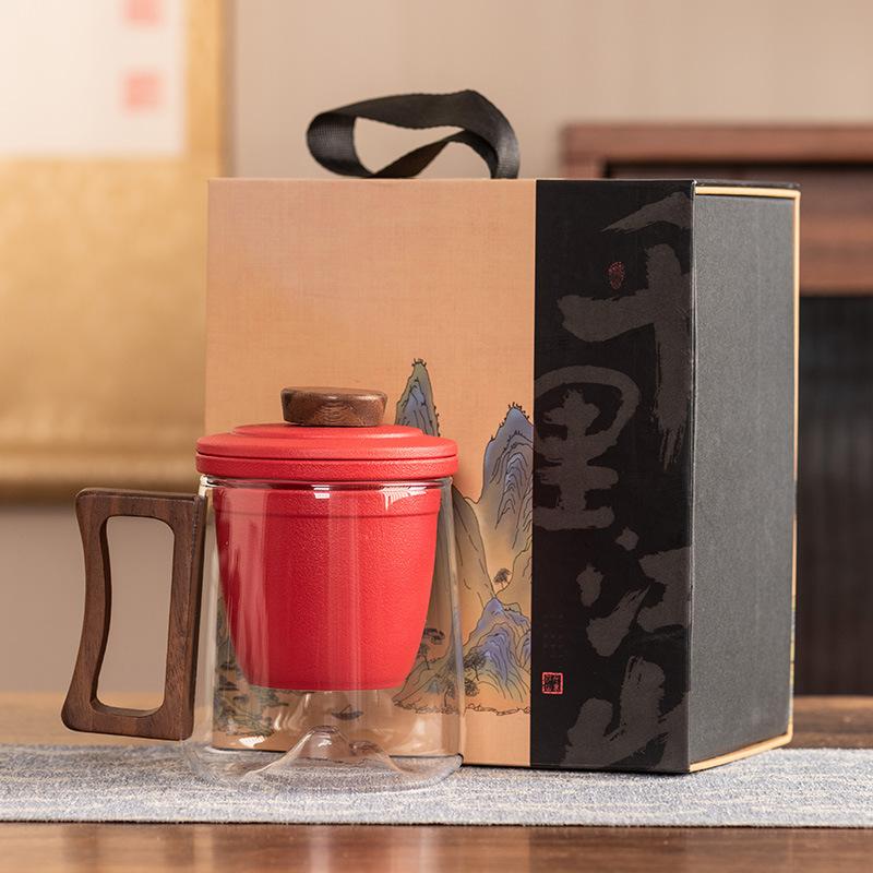 Black sandalwood handle office cup ceramic liner filter glass tea cup high-end anti-scalding gift box portable gift