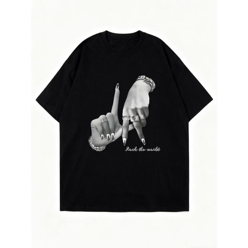 Oversized T-Shirt Black Hands With Rings And Long Nails Rock The World Print Casual Streetwear For Women