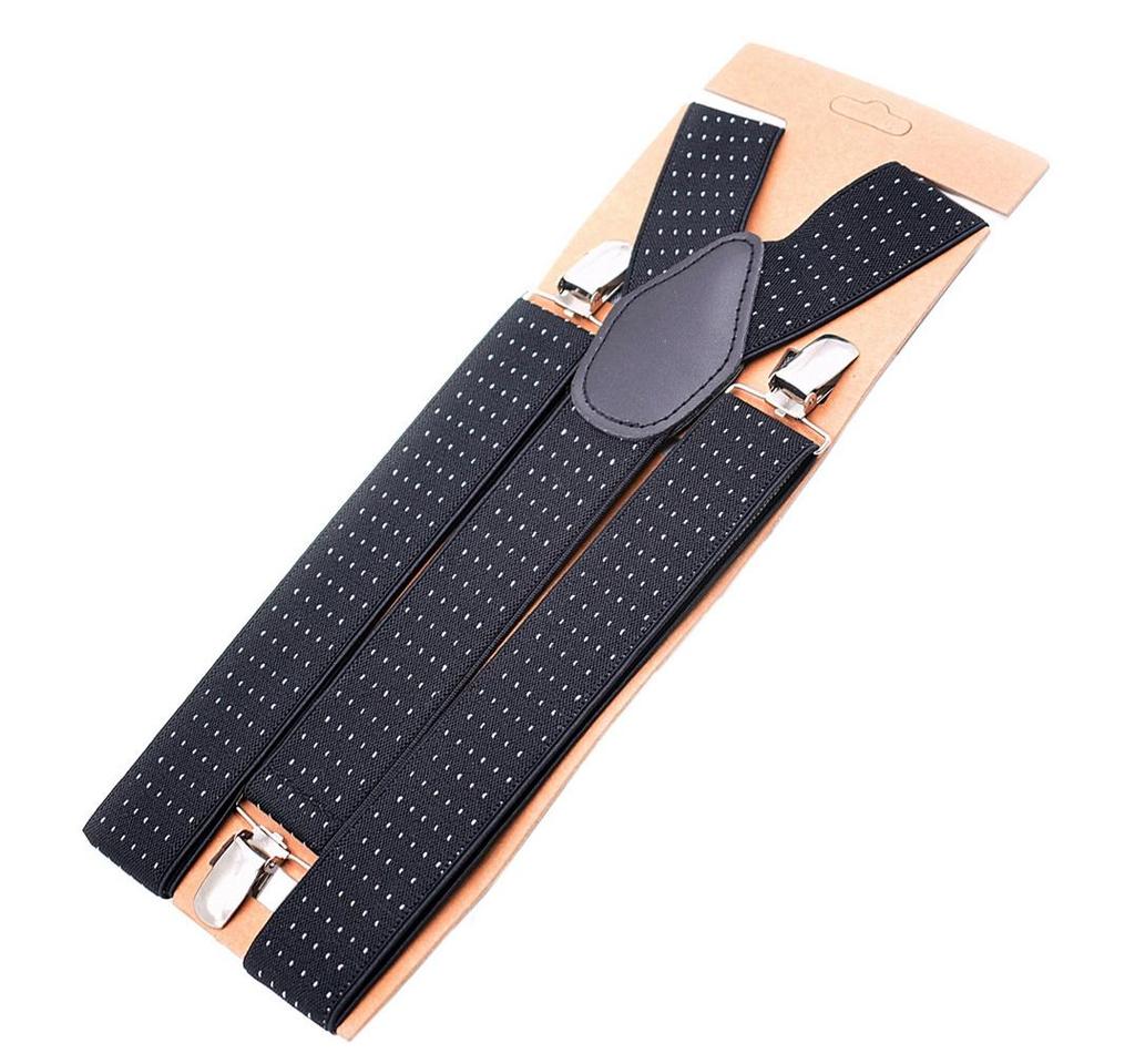 Men Elastic Y-Back Suspenders Stripe Dots Pattern 3 Clips Heavy Duty Trouser Braces