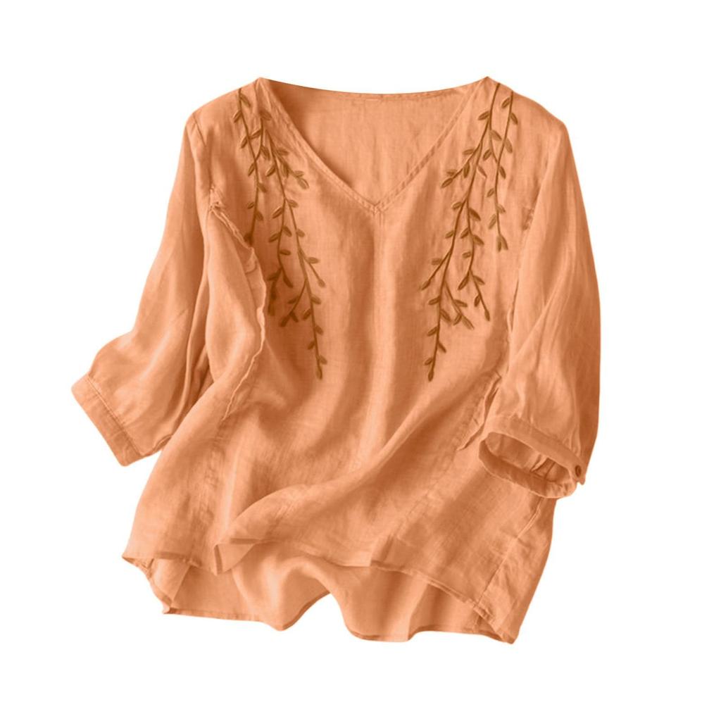 Women's Solid Color Cotton And Linen Short-sleeved Embroidered Retro Breathable T-shirt Round Neck Top