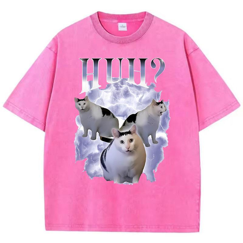 Funny T Shirt Vintage Washed Cotton T-Shirt Cat Saying Huh? Meme Graphic Tee Casual Streetwear for Spring Summer Fall