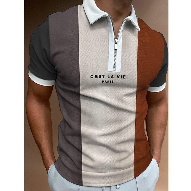 Men S Short Sleeve Polo Shirt Color Block Zip Detail Loose Fit Casual Top