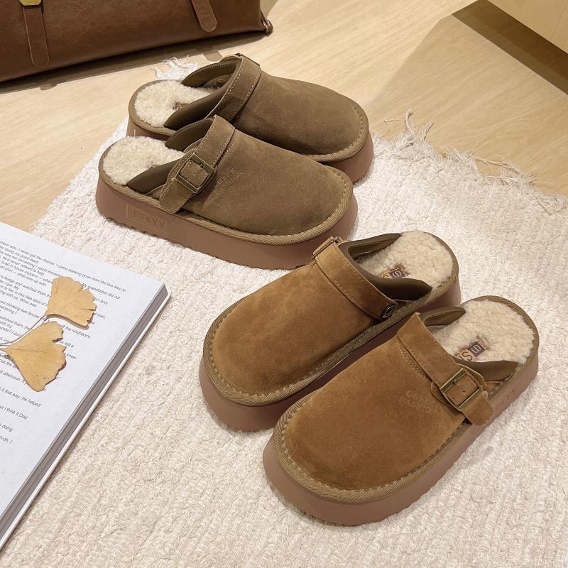 Thick-soled Wear-resistant Shoes for Women's Autumn and Winter New Bag Head Half Slippers for Women To Wear Two Snow Fluffy Slippers