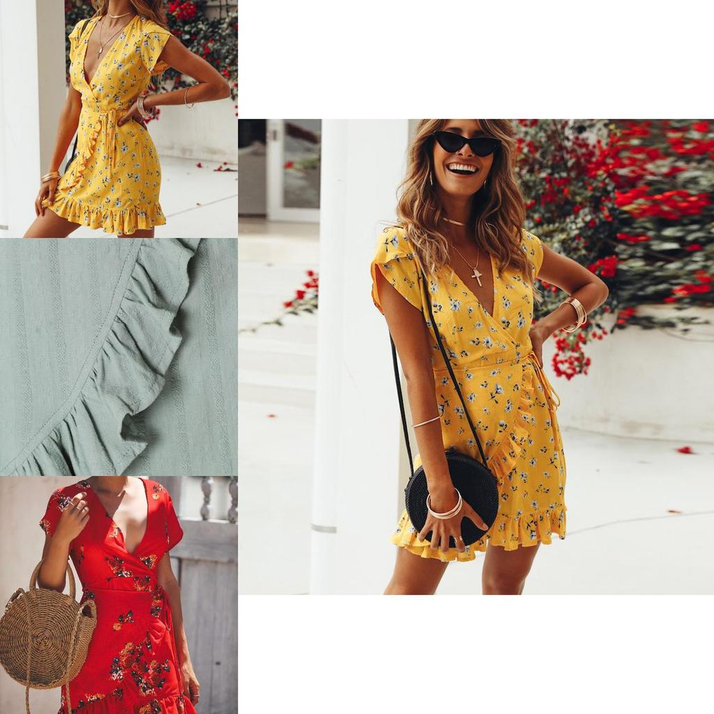 Premium Women Short Sleeve Wrap Boho Floral Mini Dress For Effortless Summer Style