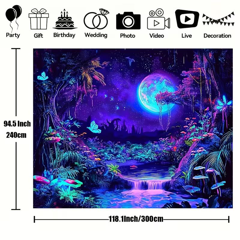 2D Blacklight Trippy Forest Tapestry Galaxy Moon Waterfall Glow In the Dark Wall Hanging