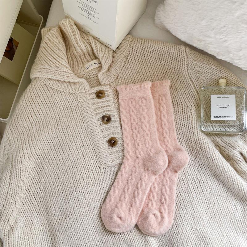 Damskie Jesienno-Zimowe Dodaj Aksamit Grube Ciepłe Retro Skręcane Kolorowe Skarpetki Rurki do Spania