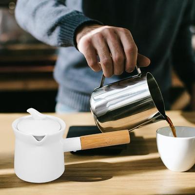 BESTonZON Ceramic Milk Warmer Pot 350ml Enamel Pan Non-stick Saucepan With Lid Porcelain Coffee Pot Food Bowl Butter Warmer With Wooden Handle for