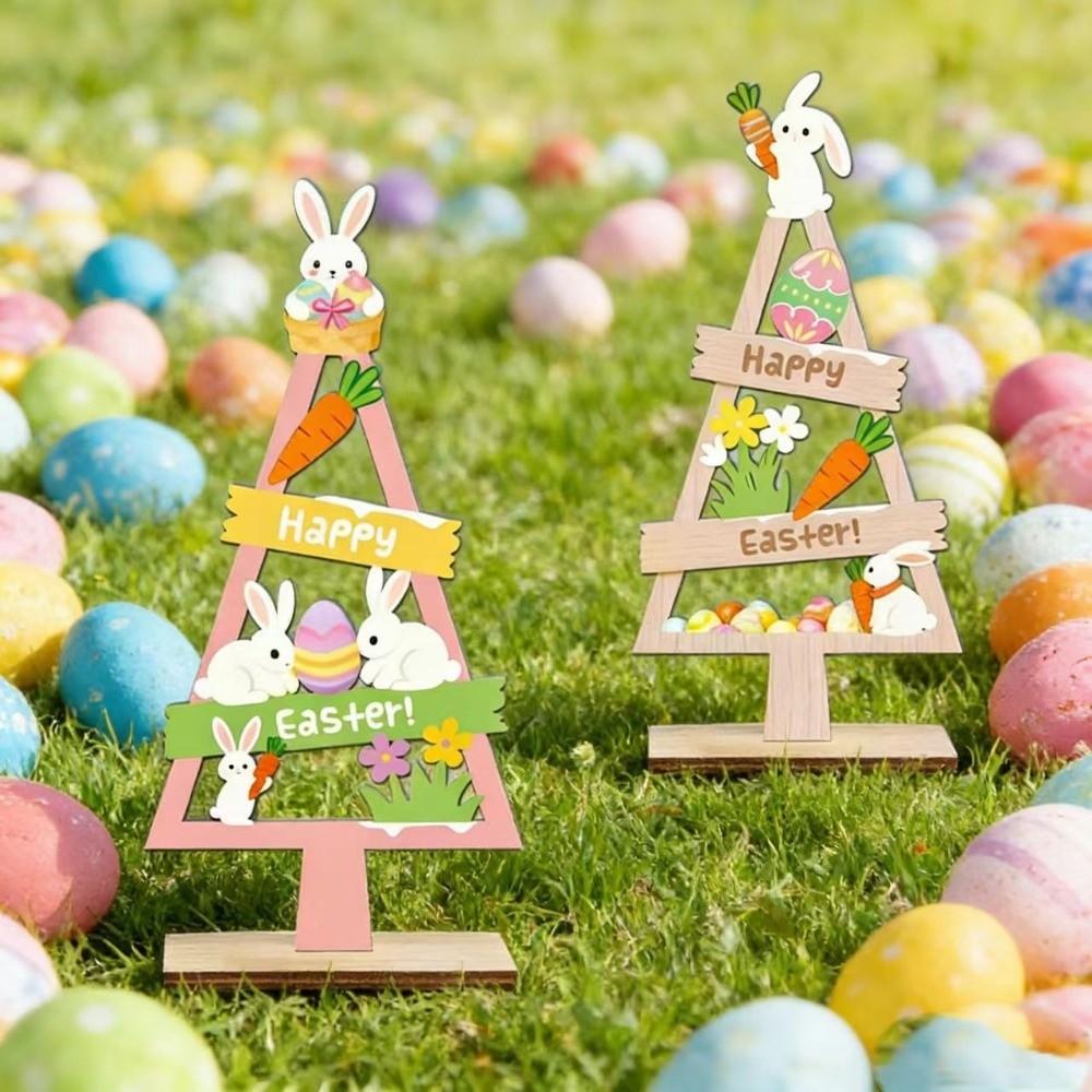 Cartoon Mini Easter Tree Ornament Handmade Blessing Wooden Rabbit Figurines Colorful Bunny Eggs Decorations Office Desktop