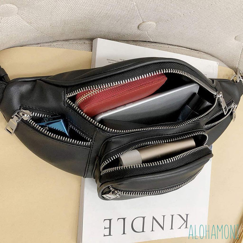 ALOHAMONI Body PU Leather with Large Ample Shoulder Slim and Suitable for Men and Women 3-Way Bag/Waist Bag/Fastener, Chain, Lightweight, Capacity,