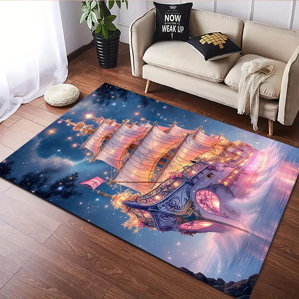 Fantasy Ship Sailing Through Stars Patterned carpet, suitable as a non slip play mat for the living room and bedroom sofa