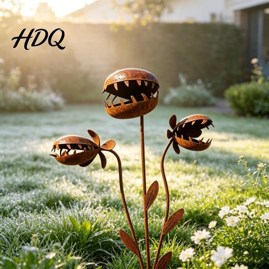 Flower Pot Stake Carnivorous Plant Garden Stake Metal Venus Flytrap Sculpture Rusty