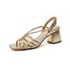 Fashion Summer Women Sandals Concise Square Toe Chunky Heel Women Shoes High Heel Genuine Leather Shoes Golden Weave Sandals for Women