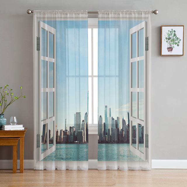 Window Views Cherry Blossoms River Sheer Curtains For Living Room Bedroom Kitchen Chiffon Tulle Curtains Home Hotel Coffee Decor