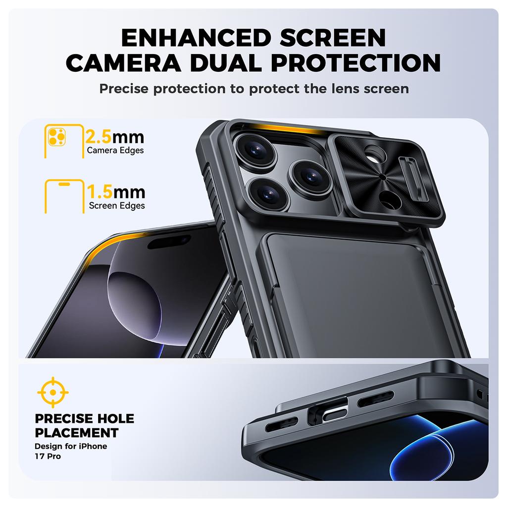 Shockproof Protective Wallet Case with Card Holder, Kickstand and Sliding Camera Cover for iPhone 17 Pro-Black