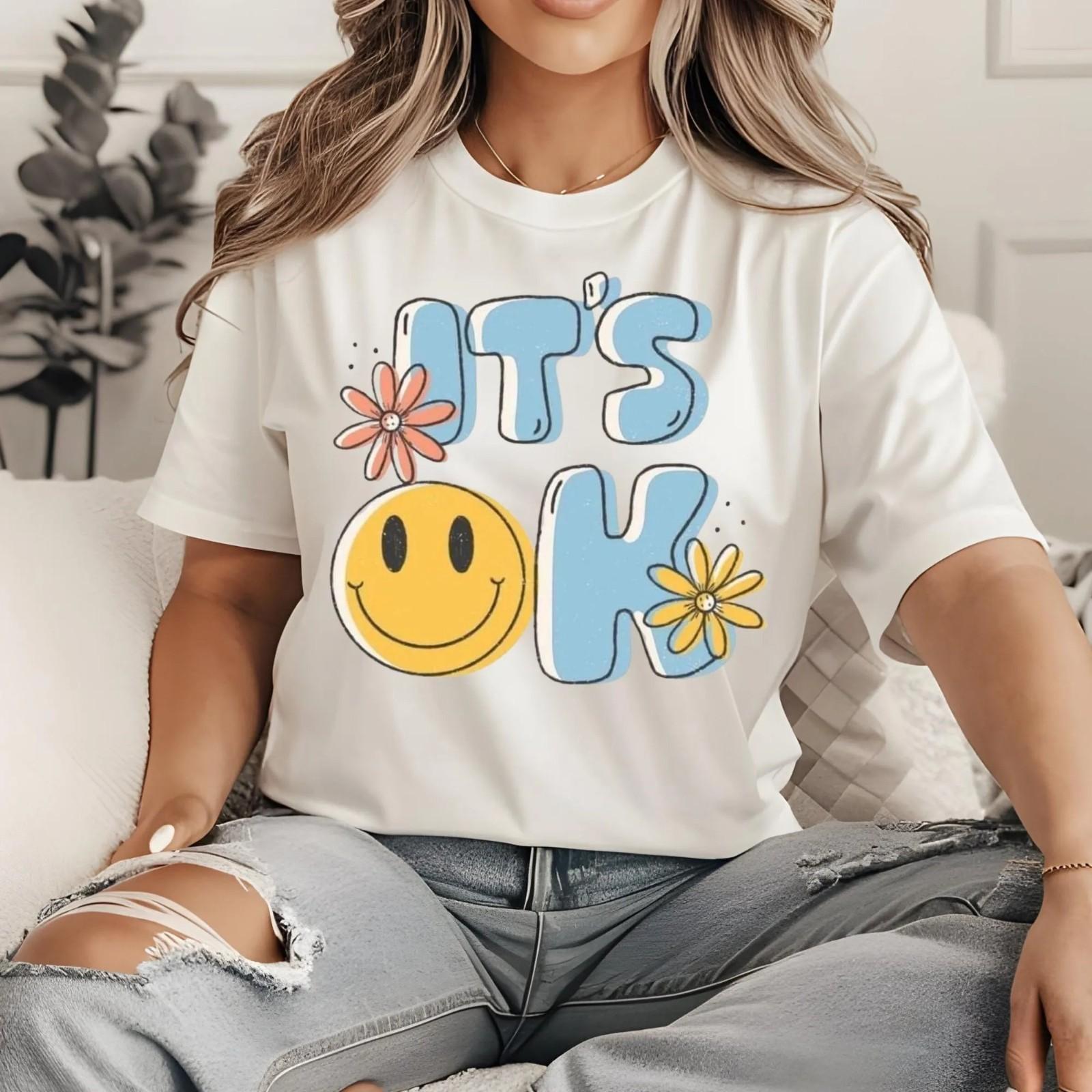 It s Okay Smiley Face Retro Affirmation Tee, Positive Self Love Top T-Shirt L