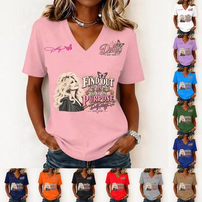 Women's Casual V-Neck Letter Print Short Sleeve Pullover T-Shirt for Everyday Wear