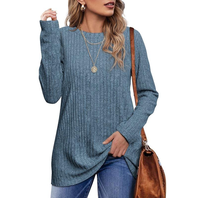 QICED Moda feminina casual cor sólida estampa manga comprida gola redonda blusas e camisas