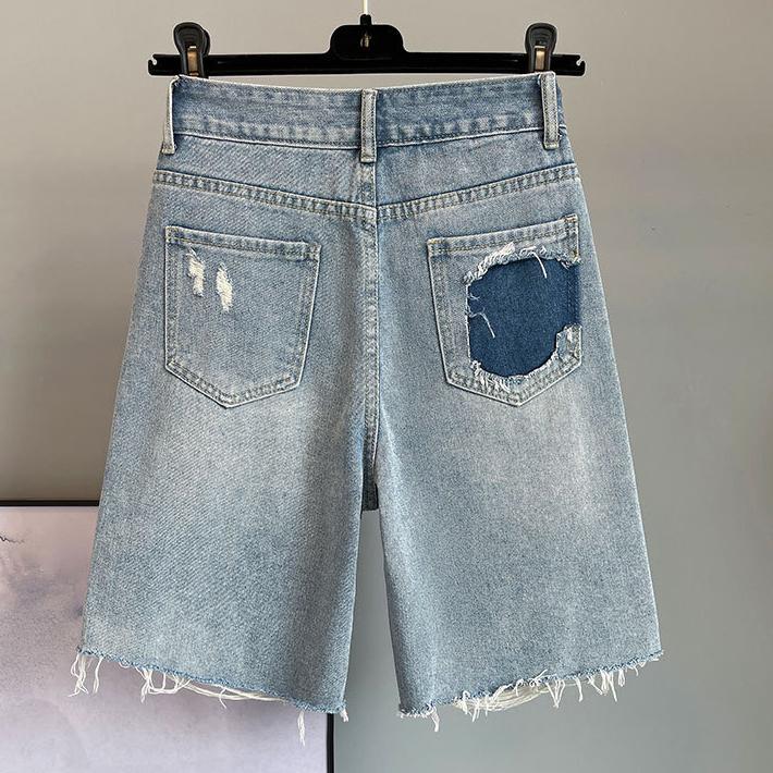 Džínové šortky s vysokým pasem s korálky s diamanty Dámské letní modely Slim Všestranné Roztrhané šortky s třásněmi