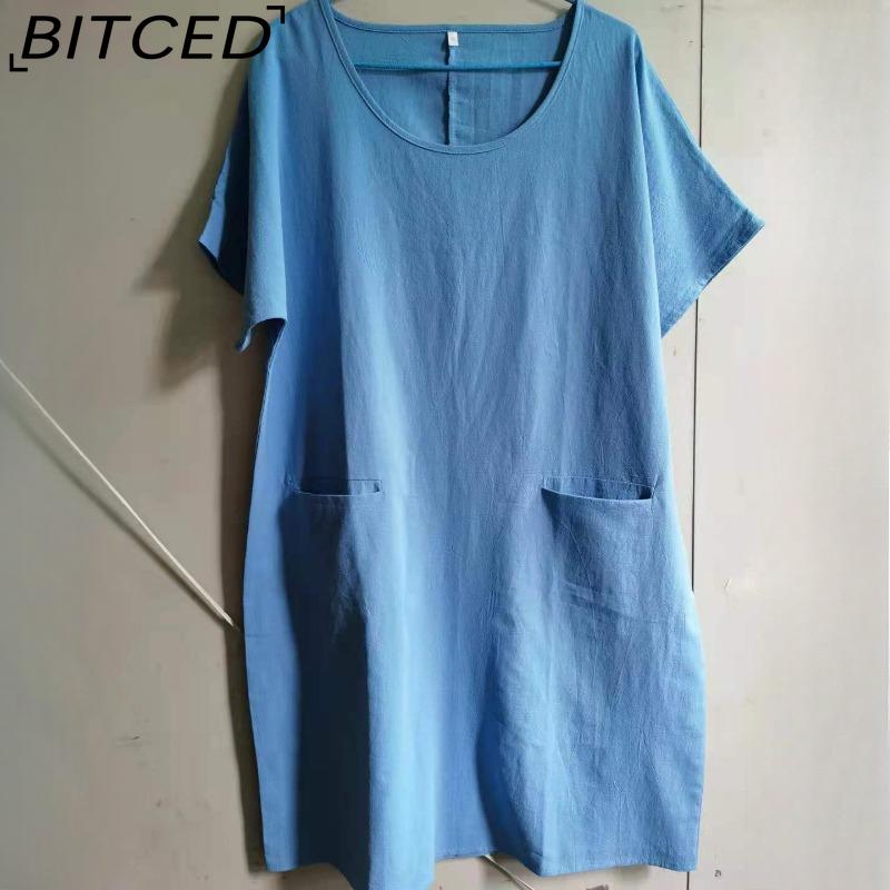 BITCED Damen Einfarbiges Sommer-Midikleid Damen Lässiges Lockeres Kleid mit Taschen Übergröße
