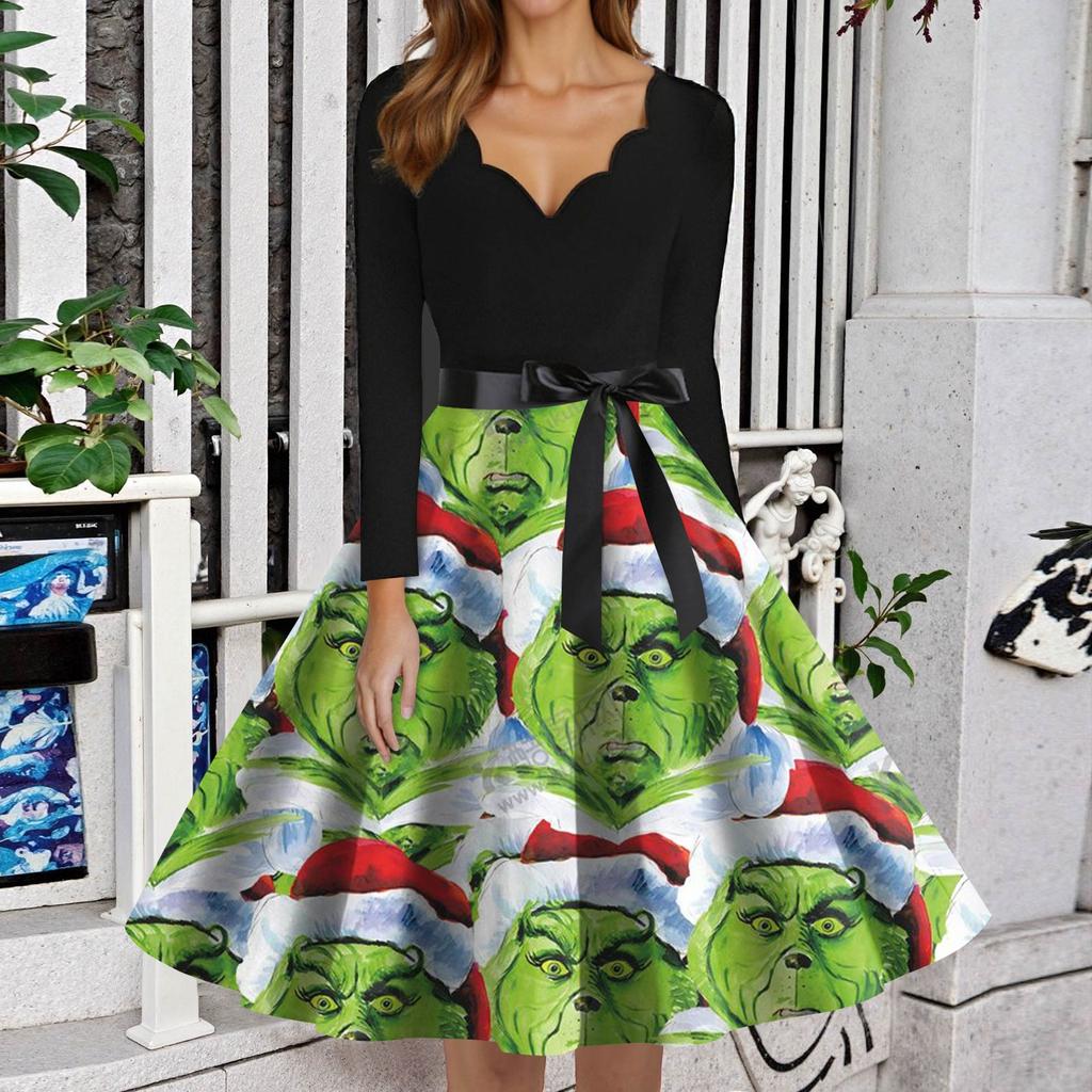 Damenmode V-Ausschnitt Lässig Slim-fit Weihnachts-Print Langarmkleid